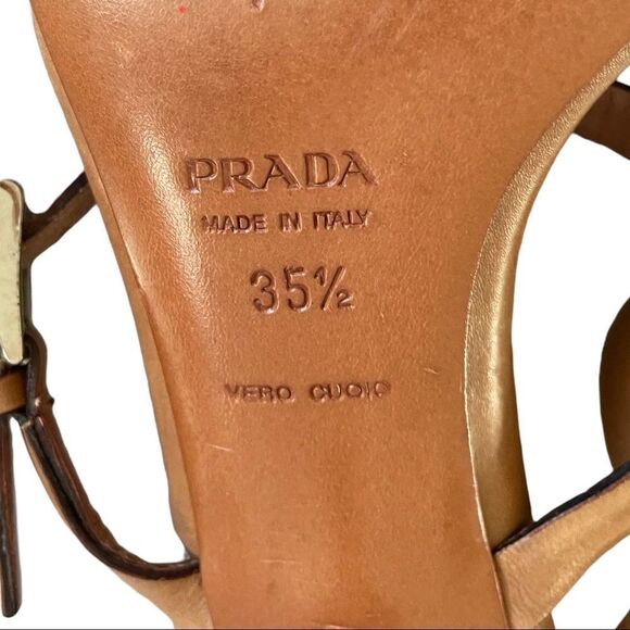 PRADA Leather Seahorse Sandals Kitten Heel Cognac Brown Green Yellow 5.5 - Picture 13 of 14